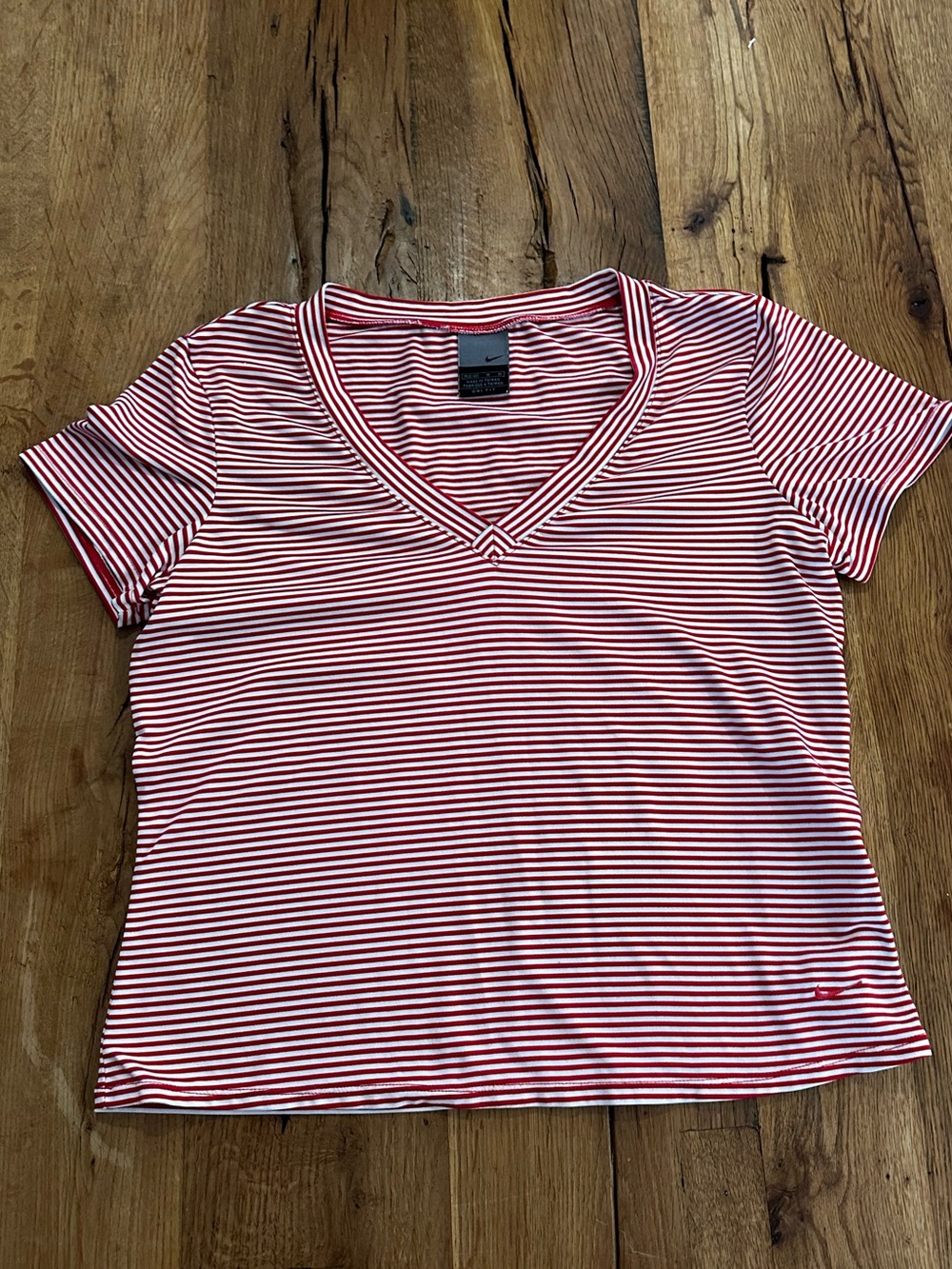 Nike Women's Dri-FIT V-Neck Short Sleeve T-Shirt red and white stripes